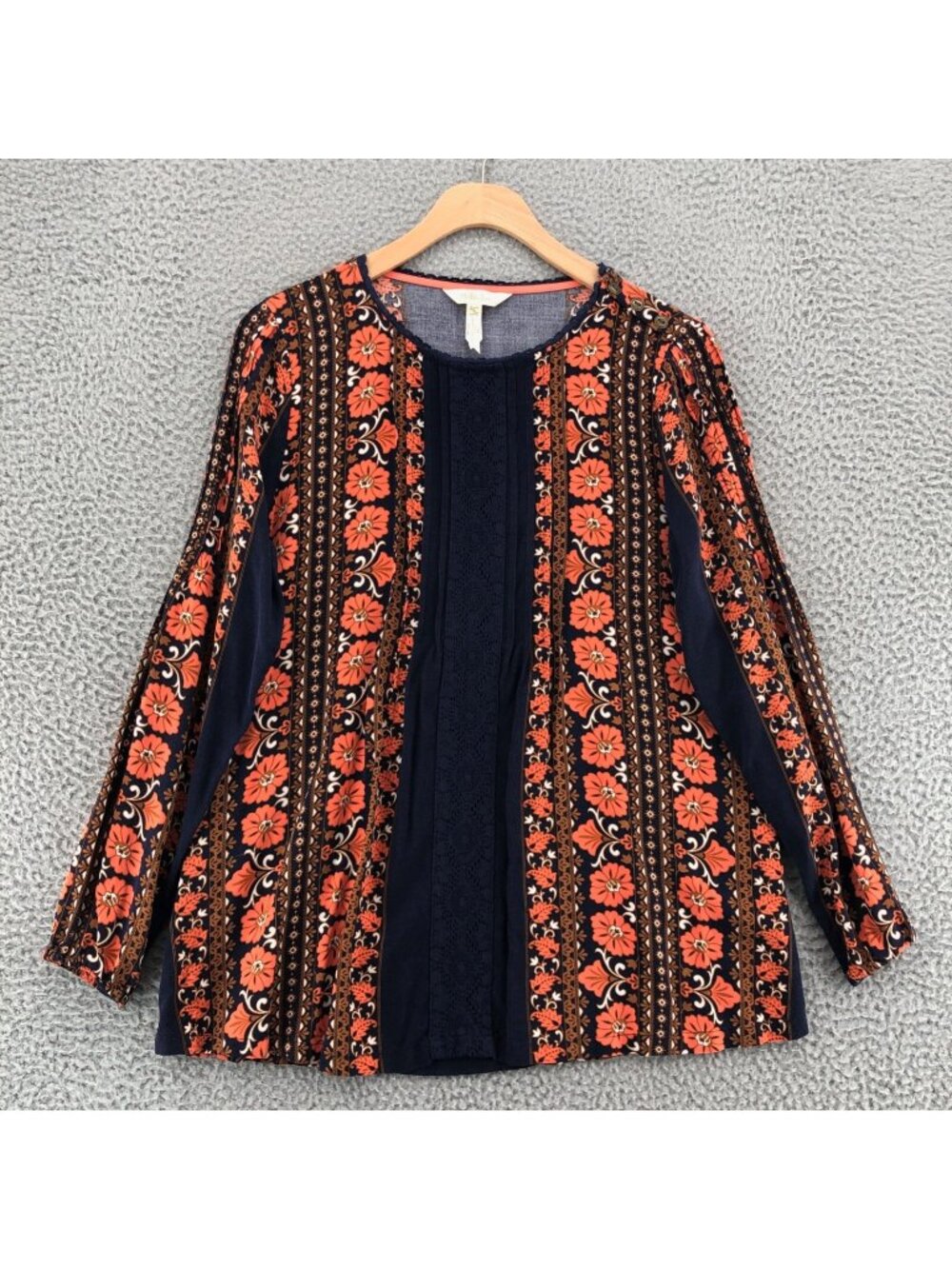 Matilda Jane Top Womens Small Orange Multi Floral Lace Pleated Tunic Blouse Boho